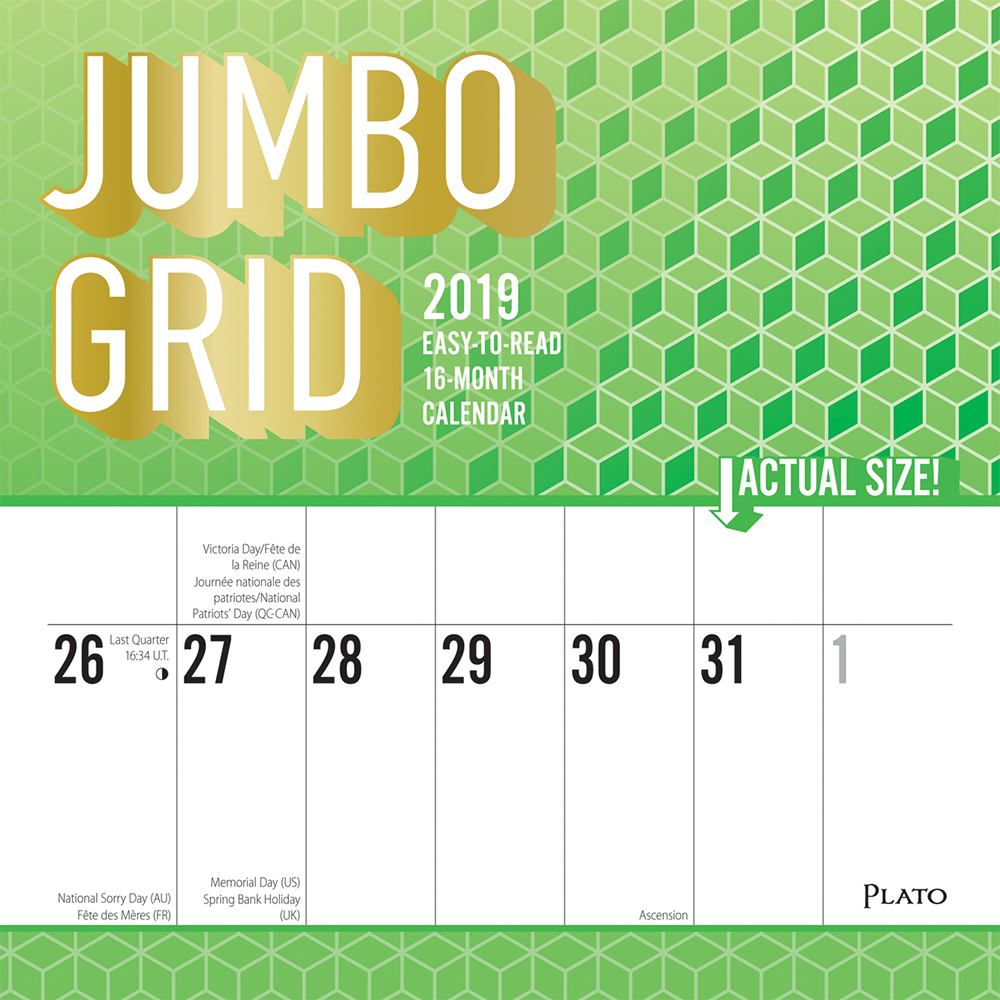 Jumbo Grid Large Print 2019 12 x 12 Inch Monthly Square Wall Calendar with Foil Stamped Cover by Plato, Easy to See with Large Font