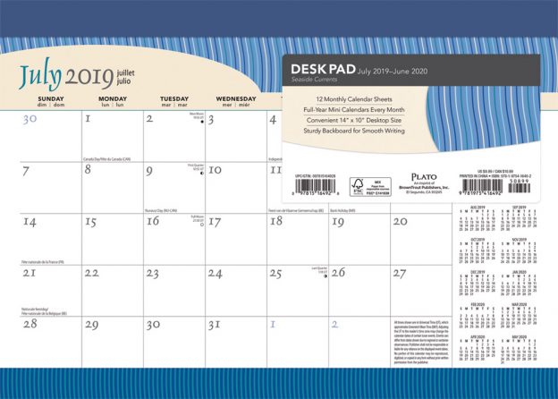 Seaside Currents 2020 14 x 10 Inch Monthly Academic Desk Pad Calendar by Plato, Ocean Sea Beach Art Design