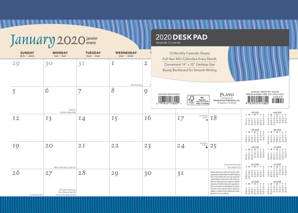 Seaside Currents 2020 14 x 10 Inch Monthly Desk Pad Calendar by Plato, Ocean Sea Beach Art Design