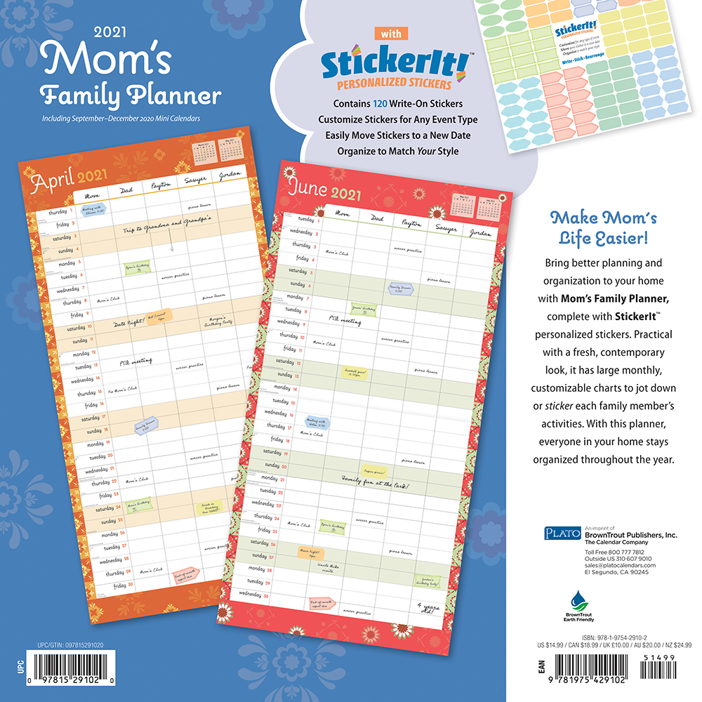 Mom's Family Planner 2021 12 x 12 Inch Monthly Square Wall Calendar by Plato, Planning Organization Family