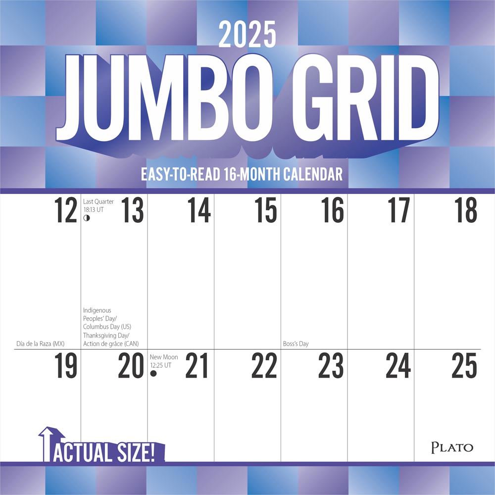 Jumbo Grid Large Print | 2025 12 x 24 Inch Monthly Square Wall Calendar | Matte Paper and Foil Stamped Cover | Plato | Easy to See Large Font