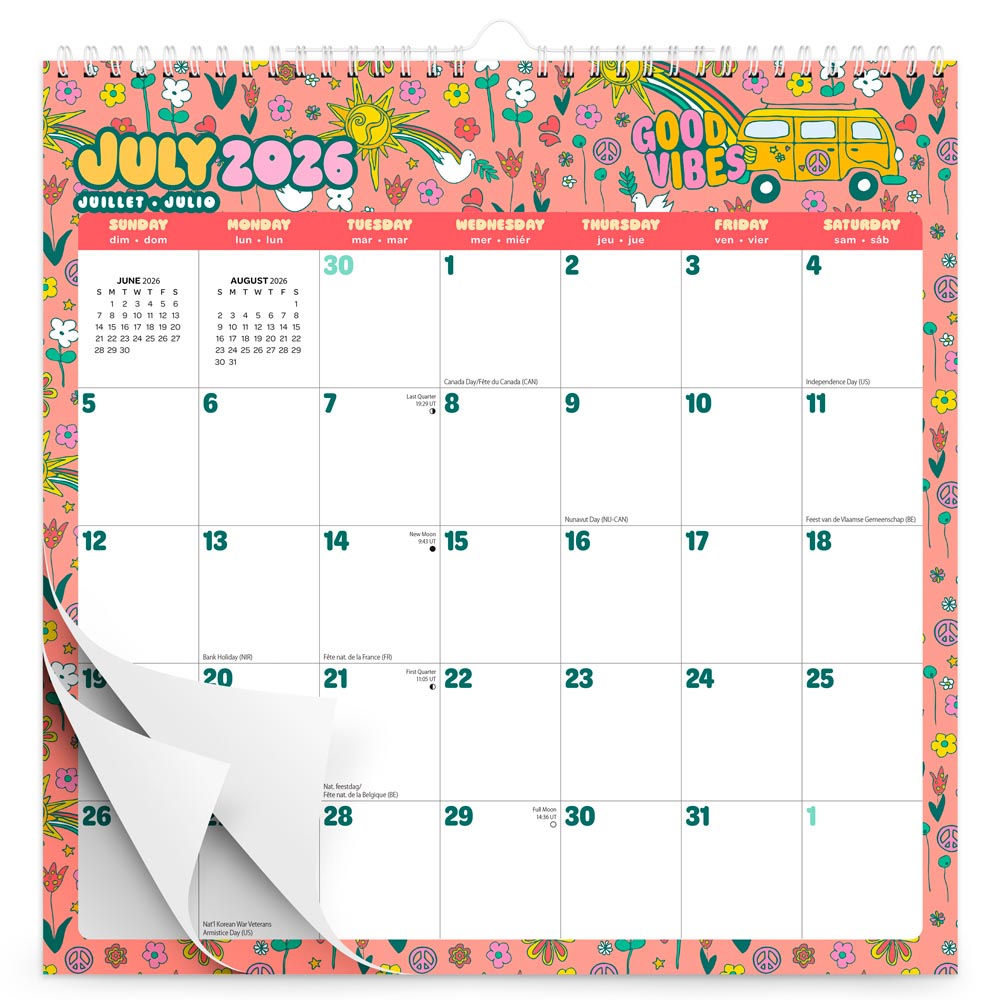 Good Vibes | 2027 12 x 12 Inch (Hanging) 18 Months Monthly Square Wire-O Calendar | Sticker Sheet | July 2026 - December 2027 | Plato | Planning Stationery
