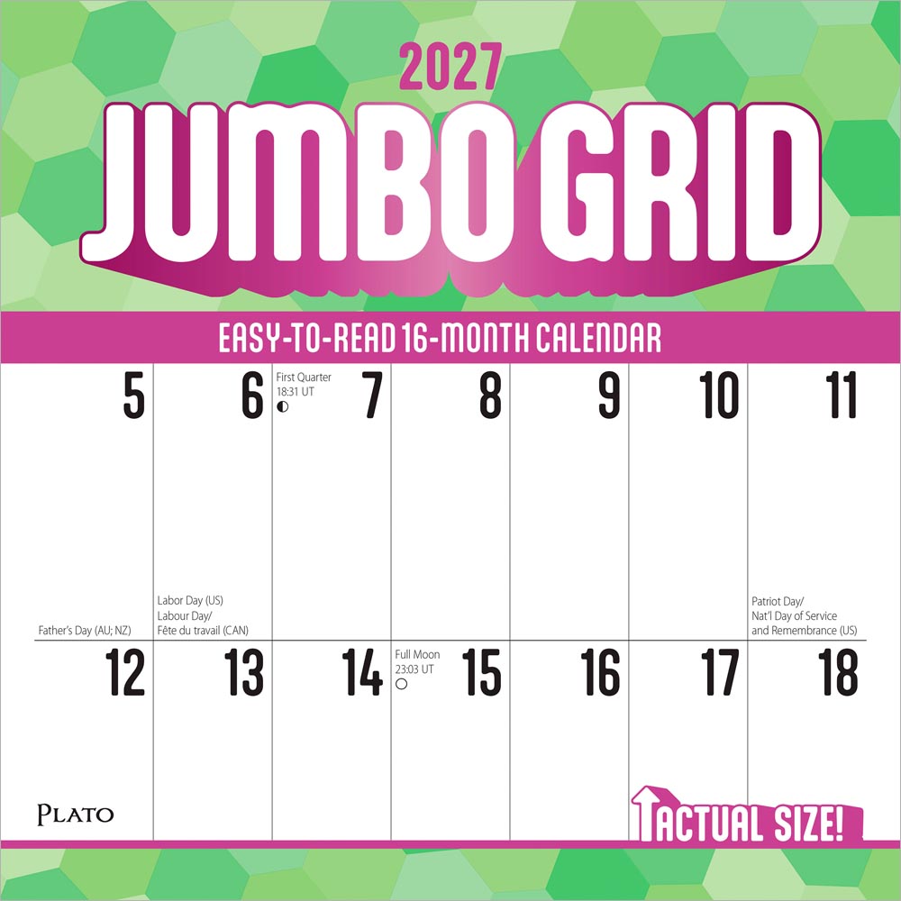 Jumbo Grid Large Print | 2027 12 x 24 Inch (Hanging) Monthly Square Wall Calendar | Matte Paper and Foil Stamped Cover | Plato | Easy to See Large Font